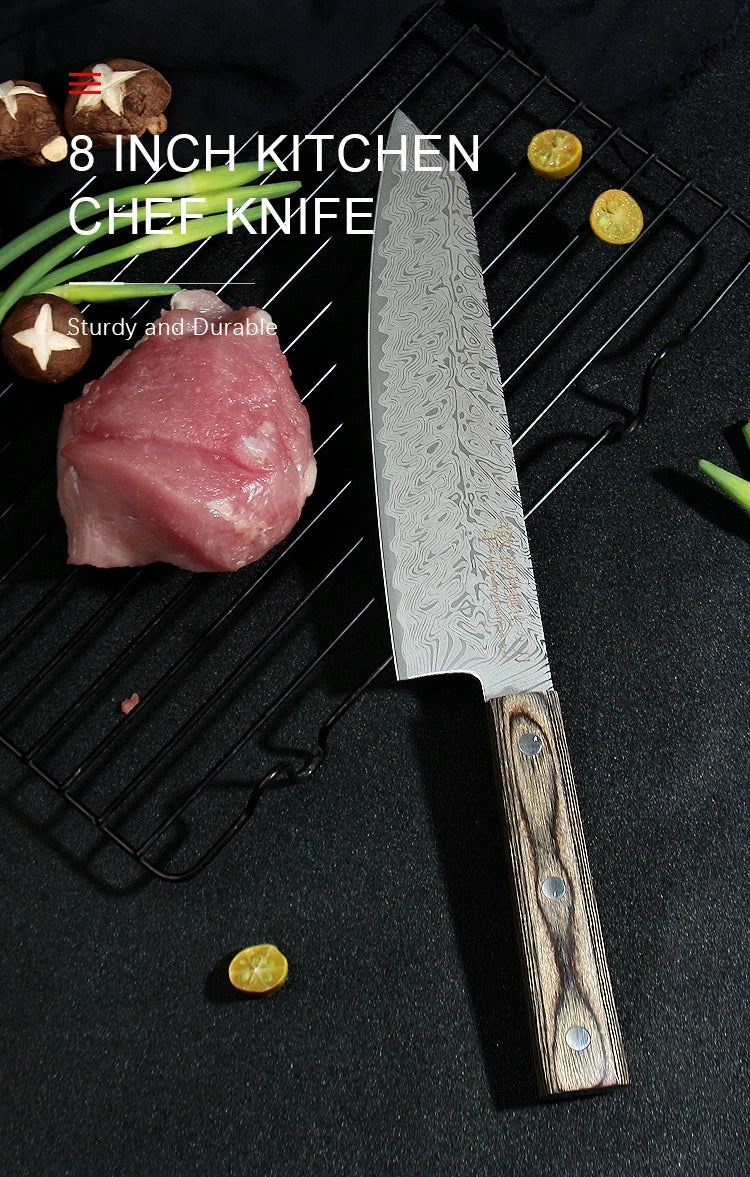Damascus Pattern Santoku Knife for Cutting Meat and Vegetables 20cm
