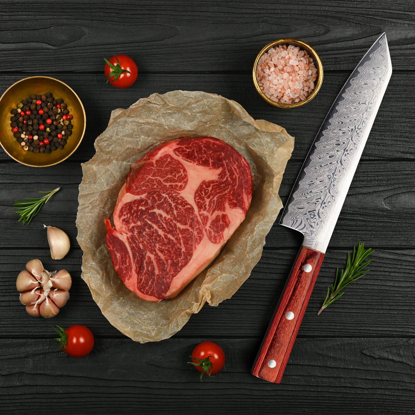 Damascus Pattern Santoku Knife for Cutting Meat and Vegetables 20cm